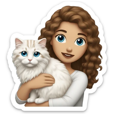 woman with long curly brown hair and holding a all white Siberian cat with blue eyes sticker