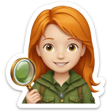 braid orange haired girl kid in moss green explorer outfit, holding magnifying glass, smile sticker