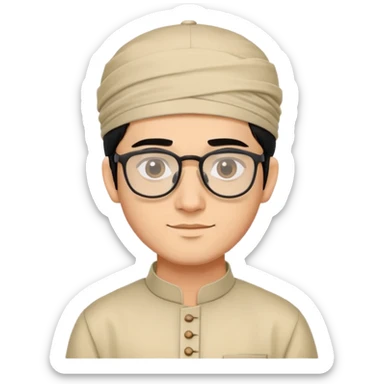 young man with wheatish skin tone, black hair, wearing kurta with rectangle glasses and traditional cap sticker