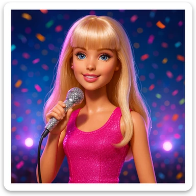 Pretty and girly Blonde pop star with bangs, holding a bedazzled microphone, reimagined as a Barbie doll, with a nighttime concert backdrop with colorful confetti sticker