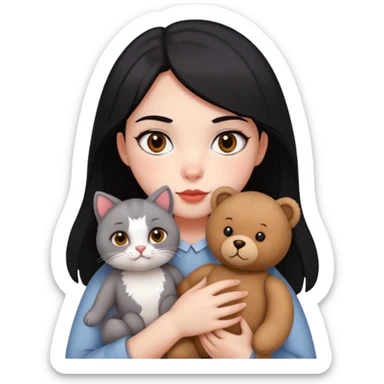 A girl with drak eyes, red cheeks, black hair with a white face, holding a British gray cat and a brown teddy bear sticker