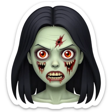 Girl zombie with black long hair with teeth and serious face IOS style sticker