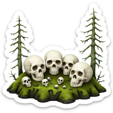 A surreal Alaskan night scape with mountains moss and moss covered trees with skulls coming out of the ground sticker