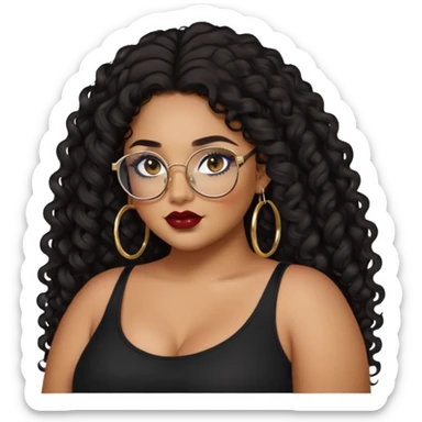 teen big plus size, latina, darker tan skin, gold hoops, long black curly hair, baddie,pretty, makeup, dark red lipgloss, black eyeliner, long hair, black top, black glasses sticker