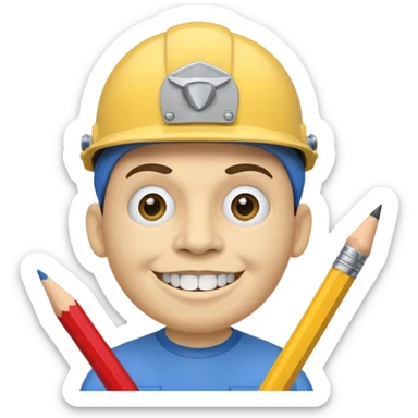 A round head puppet with 2 buck teeth a blue helmet and a round nose with a pencil in it also he has a unibrow  and a yellow shirt that says jeffy sticker