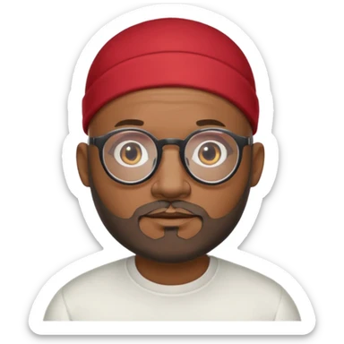 African american male, bald, salt and pepper beard. Round face, glasses sticker