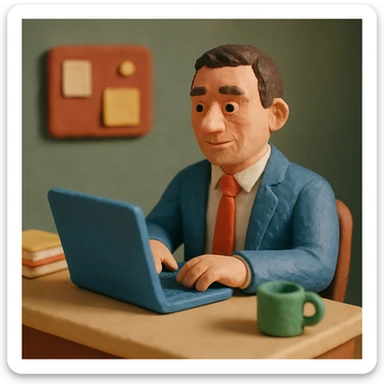 A 35-year-old male business coach sitting at a desk with a laptop sticker