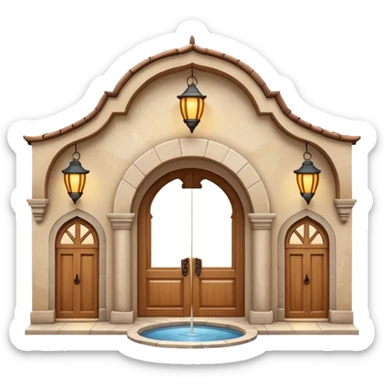 3D Apple-style emoji of a full traditional Turkish han. Rounded stone building with arched wooden doors and windows, small courtyard, fountain, arches, and hanging lanterns. Glossy, smooth, soft shadows, clean white background.






 sticker