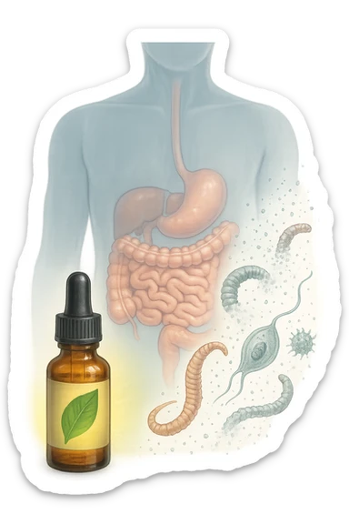 A realistic, high-quality medical illustration showing microscopic parasites leaving the human intestines, symbolically dissolving and breaking apart, after the intake of natural kinesiological drops. The drops are shown in a small amber glass dropper bottle in the foreground with a green leaf on the label, emitting a subtle glow symbolizing detox and cleansing. The background depicts a semi-transparent human silhouette with a highlighted digestive tract, showing clean, healthy intestines, while parasites in translucent fading colors are moving out, symbolizing elimination. The atmosphere is clean, fresh, and conveys a sense of natural healing, detoxification, and hope. sticker