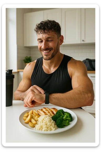 a fit man in his 30s, still in gym clothes and slightly sweaty, sits at a kitchen table right after a workout. In front of him is a balanced meal with a generous portion of rice, pasta, or potatoes, along with lean protein and vegetables. He checks his watch or a fitness app, smiling with satisfaction as he times his post-workout meal. The background is a bright, modern kitchen, with a shaker bottle and gym bag visible. sticker