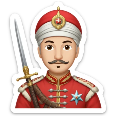Ottoman janissary in red army dress holding a sword had a white cap sticker