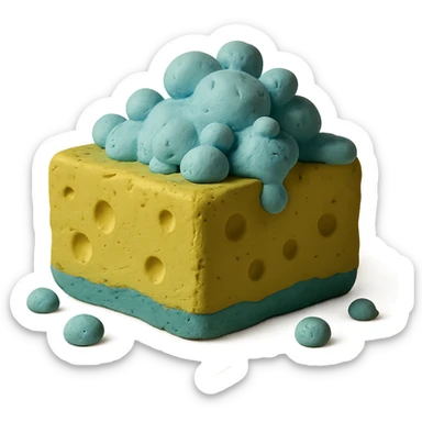 cleaning sponge with soap bubbles, pastel palette, visible clay texture in claymation style sticker