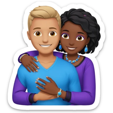 Tan European male wearing blue and smiling and hugging a jet black African girl in purple clothes with blue jewelry sticker