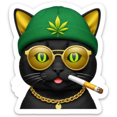 A black cat wearing the deal with it shades and a rasta beanie and smoking a joint and wearing a gold chain that says 420 and the words High Time at the top of the image sticker