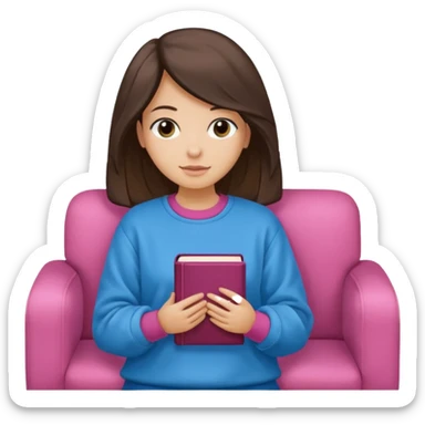 Una chica linda de cabello oscuro con ondas hasta los hombros de piel blanca con una sudadera rosa en un sofá cómodo y hermoso leyendo la biblia sticker