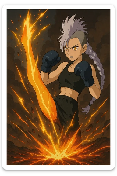 maiden, mohawk, long braid white hair with lavender and tips long messy bangs one side, gold yellow eyes, black crop top, with both fighting gloves up in defensive ready pose, delivering a lightning quick vertical upwards front kick with volcanic force sticker