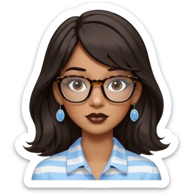 An emoji featuring a woman with very long wavy dark brown hair and a whispy straight bang, wearing thick tortoise square shaped glasses, drop earrings. She has long lashes, black eyeliner and a nude browny glossy lipstick. She's wearing an oversize light blue shirt with white vertical strips.  sticker