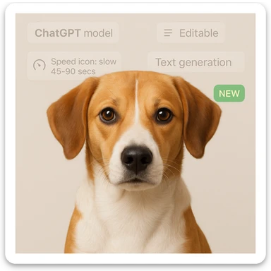1:1 image of a dog for web UI, with tags 'ChatGPT model', 'Speed icon: slow 45-90 secs', 'Editable', 'Text generation', 'New' subtly blended into the background in a seamless, website-friendly style sticker
