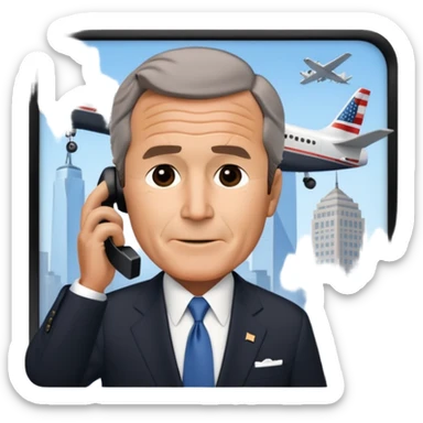  emoji of the world trade center with a plane crashed into it and george bush on a phone in front of them sticker