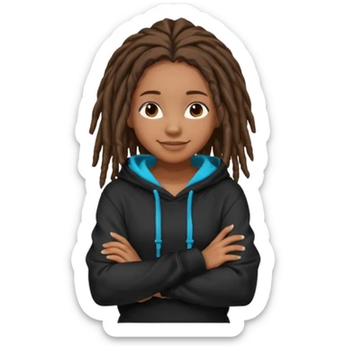 African American girl with shoulder length dreadlocks wearing a plain black hoodie with her arms folded across her chest sticker