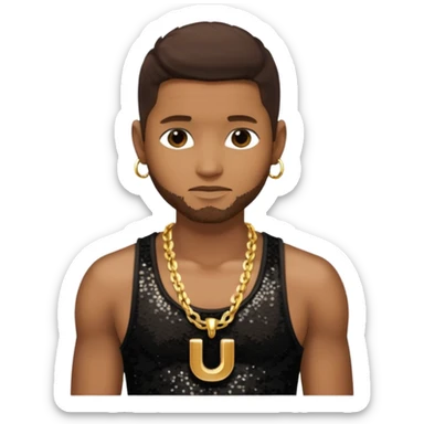 Usher with dark brown hair, black sequin tank top, necklace with letter u sticker
