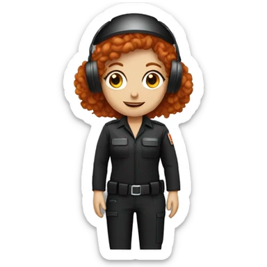 operator dressed in black with a milatary helmet, without glasses, wearing a headset, ready to respond to alerts, preferably curly redhead female  sticker