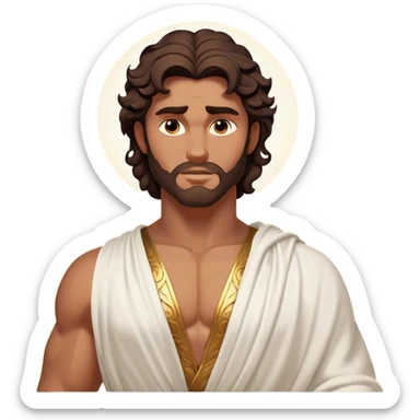 Cinematic Realistic Hercules Portrait, depicted as a classical Greek hero inspired by the Disney version yet echoing the refined proportions and serene dignity of Michelangelo's David. His idealized, sun-kissed bronze skin glows with timeless strength, and his thick, wavy dark hair falls in natural, sculpted curls. Draped in a flowing white robe with delicate golden accents, his expressive eyes radiate determined nobility, all rendered under dynamic natural lighting with a mythic, radiant glow. sticker