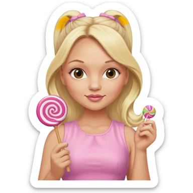 Emma Bunton with long blonde ponytails wearing light pink body dress holding a lollipop sticker