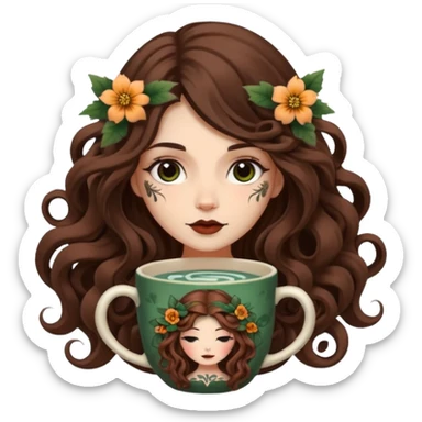 cute forest witch woman long wavy brown hair tattoos curled in flower cup sticker