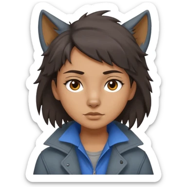 Hobo tomboy with dark brown hair in a wolf cut style, brown eyes, dirty dark grey coat, blue-grey shirt. sticker