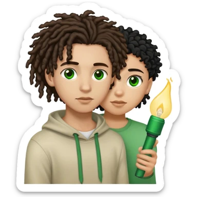 couple holding eachother. the boy is light skinned, short brown dreads, and green eyes the girl is light skinned, curly black hair, and brown eyes sticker