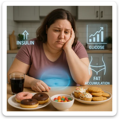 A woman in her late 30s, slightly overweight, sitting tired at a kitchen table with sugary foods in front of her. Her expression frustrated. A faint blue glow surrounds her abdomen, symbolizing metabolic dysfunction. Floating around her body: transparent icons of high insulin, rising blood glucose levels (graph with arrows up), and fat accumulation around the belly and hips. sticker