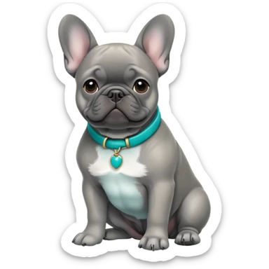 Grey French bulldog with turquoise collar sitting facing forward sticker