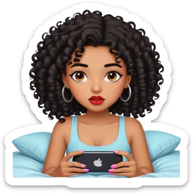 Brown-skinned teenage girl with curly black hair lying on bed looking at phone, heavy makeup, big lips, crop top, choni style sticker