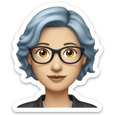 Caucasian woman with chin length layered blue hair and grey eyes wearing light grey square-shaped glasses and a black collared shirt sticker