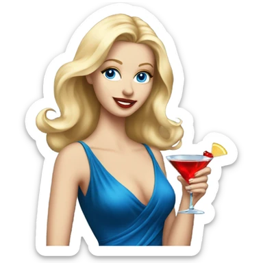 Beautiful blonde white woman with blue eyes and red dress dancing with martini sticker