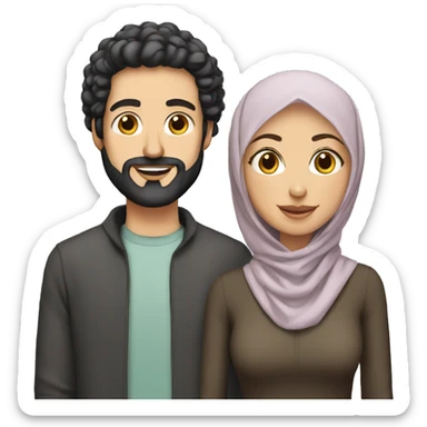 White man without a beard with curly black hairs with her wife wear a hijab  sticker