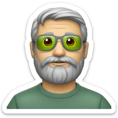 un homme d'une quarantaine d'années avec un barbe grise coupée courte cheveux gris  avec des lunettes vertes et sweatshirt gris foncé sticker