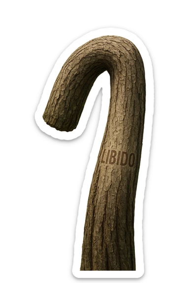 Realistic, vertical 4K illustration: a hyperrealistic tree trunk in a forest setting, noticeably bent, drooping, or wilted instead of standing upright. The bark is textured and detailed WITH THE WORD "LIBIDO" PRINTED ON IT, with subtle cracks and faded colors suggesting loss of vitality. Soft, natural light filters through the surrounding trees, casting gentle shadows. The scene is quiet and contemplative, with the trunk’s unusual, slumped posture symbolizing a decline in male libido. The background is lush and detailed, but the focus remains on the central, softened trunk, evoking a sense of vulnerability and introspection. sticker