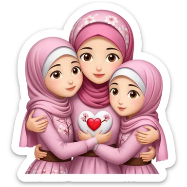 Four sister hugs Turkish girls beautiful finish Konya brown eyes with cherry blossom hijab and heart dress and hugs  sticker