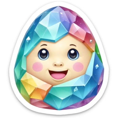 A single pastel rainbow crystal baby rock character, chubby and heavy with a chunky, irregular polygon shape, not egg-shaped, covered in faceted crystal planes and small chips, big glossy rainbow eyes and a small smiling mout sticker