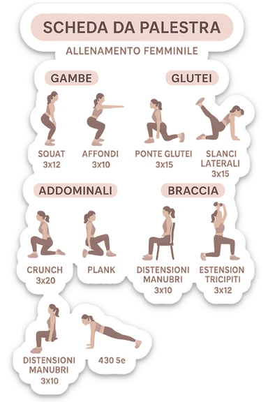 Scheda da palestra su sfondo isolato senza sfondo in italiano specifica per allenamento al femminile sticker