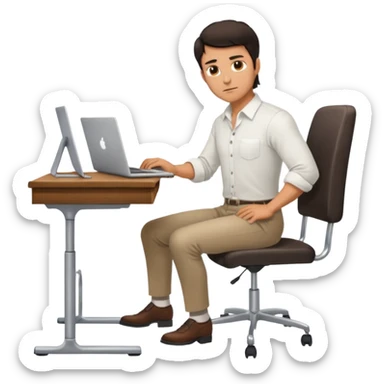 Rich man working on a chair at office in shirt, dark hair, and near the desk with laptop he is german very beautiful looks like, full body view sticker