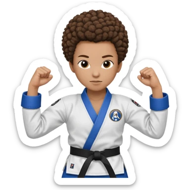 black karate instructor with pony tail afro hair and shaved bald sides haircut, Make the hair brown and the belt blue. Add the roger Gracie academy logo on the go also and the p logo of progress jiu jitsu on the right arm sleeve  at the top sticker