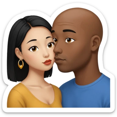 Bald black man with short beard deeply kissing each other. She is a short younger looking asain women. She has long black hair and a nose ring sticker