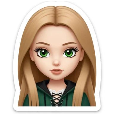 pretty bratz girl, long straight LIGHT BROWN HAIR, dark green eyes, black eyeliner, pale skin, black clothes with laces sticker
