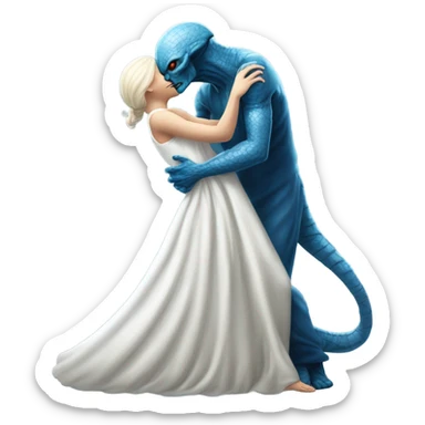 Alien reptilian woman in white dress hugs and kissing a normal "white male human man" in blue dress sticker