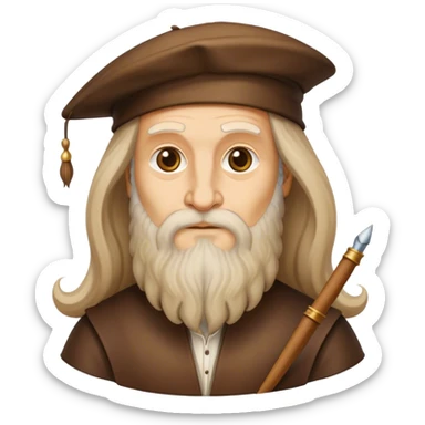 Cinematic Realistic Leonardo da Vinci Portrait Emoji, depicted as the quintessential Renaissance polymath with deep, thoughtful eyes, a flowing beard, and a quill or sketchbook in hand. The scene is illuminated with warm, classical lighting, evoking the atmosphere of a master artist’s workshop, surrounded by early sketches of inventions and masterpieces like the Mona Lisa. sticker