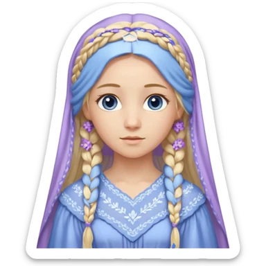 Joven de unos 30 años, de aspecto dulce, elegante.
Piel clara, ojos (pueden ser azules o verdes)
Rubio o castaño largo, con trenzas.
Vestido largo de tonos suaves (blanco, azul o lavanda), con bordados dorados; un manto o toca fina cubriendo la cabeza. Que se vea todo el cuerpo de pies a cabeza sticker