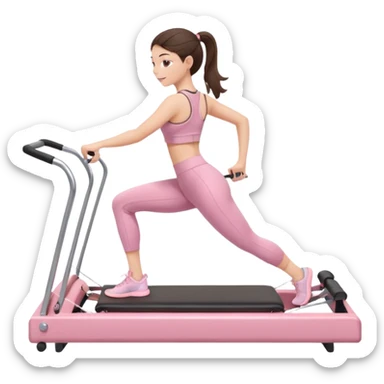 Brunette girl exercising on a pink Pilates reformer machine, wearing cute athletic workout clothes, soft pastel colors, emoji style, bright and detailed sticker